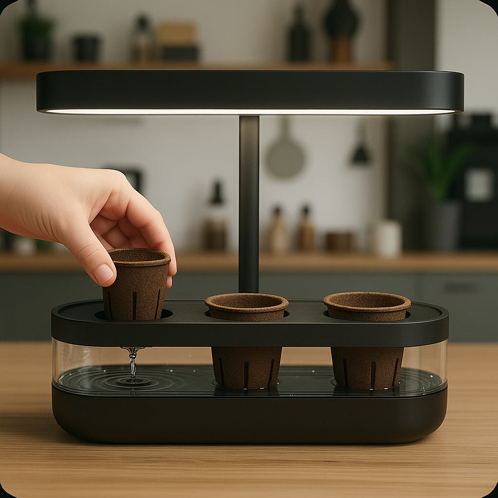 alt="insertion des capsules dans un potager d’intérieur connecté Cultive"